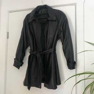 90s Lambskin Leather Belted Black Trench Coat